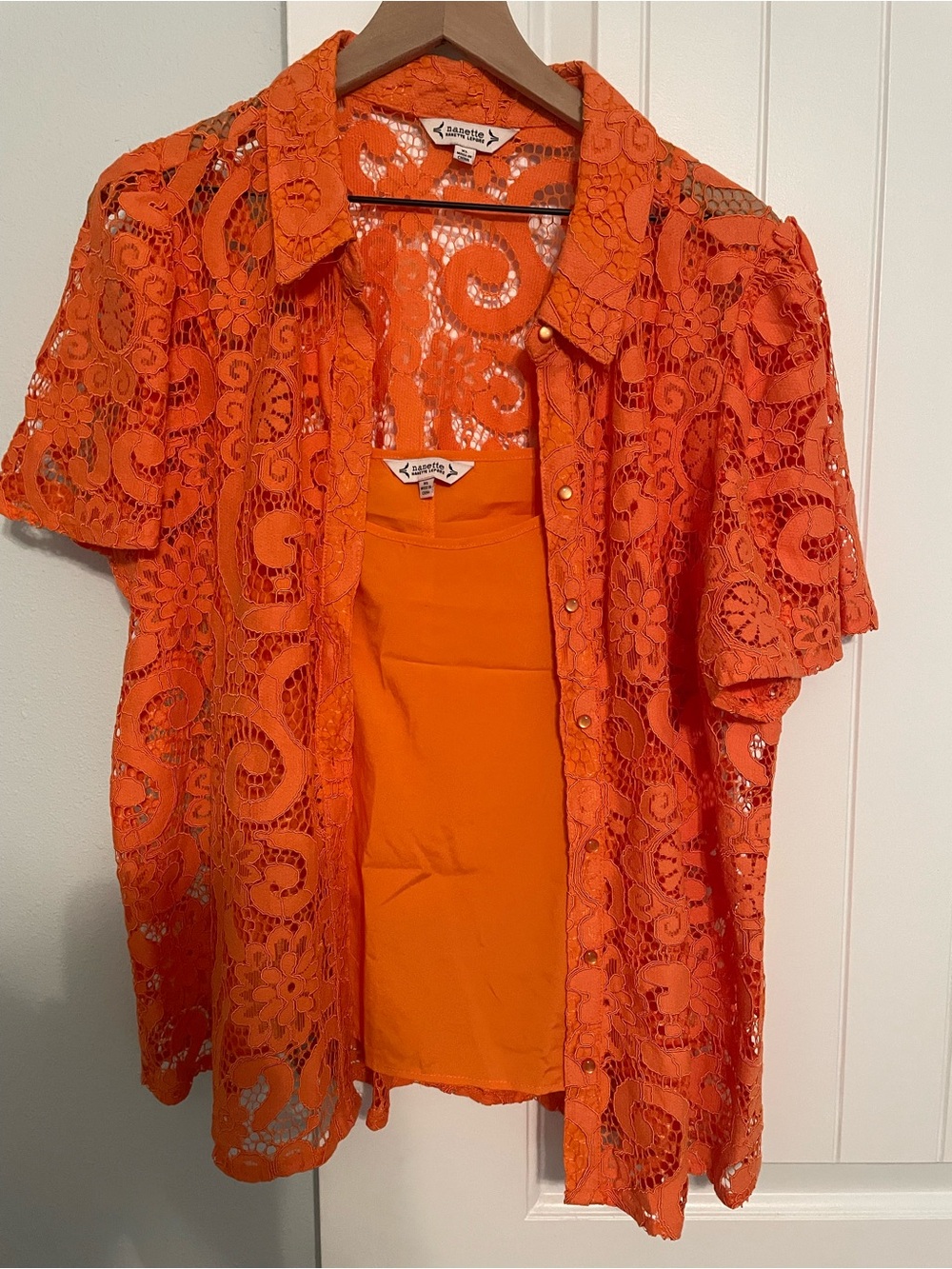 Nanette Lepore Bright Orange Lace Button-Down Shirt with Shell